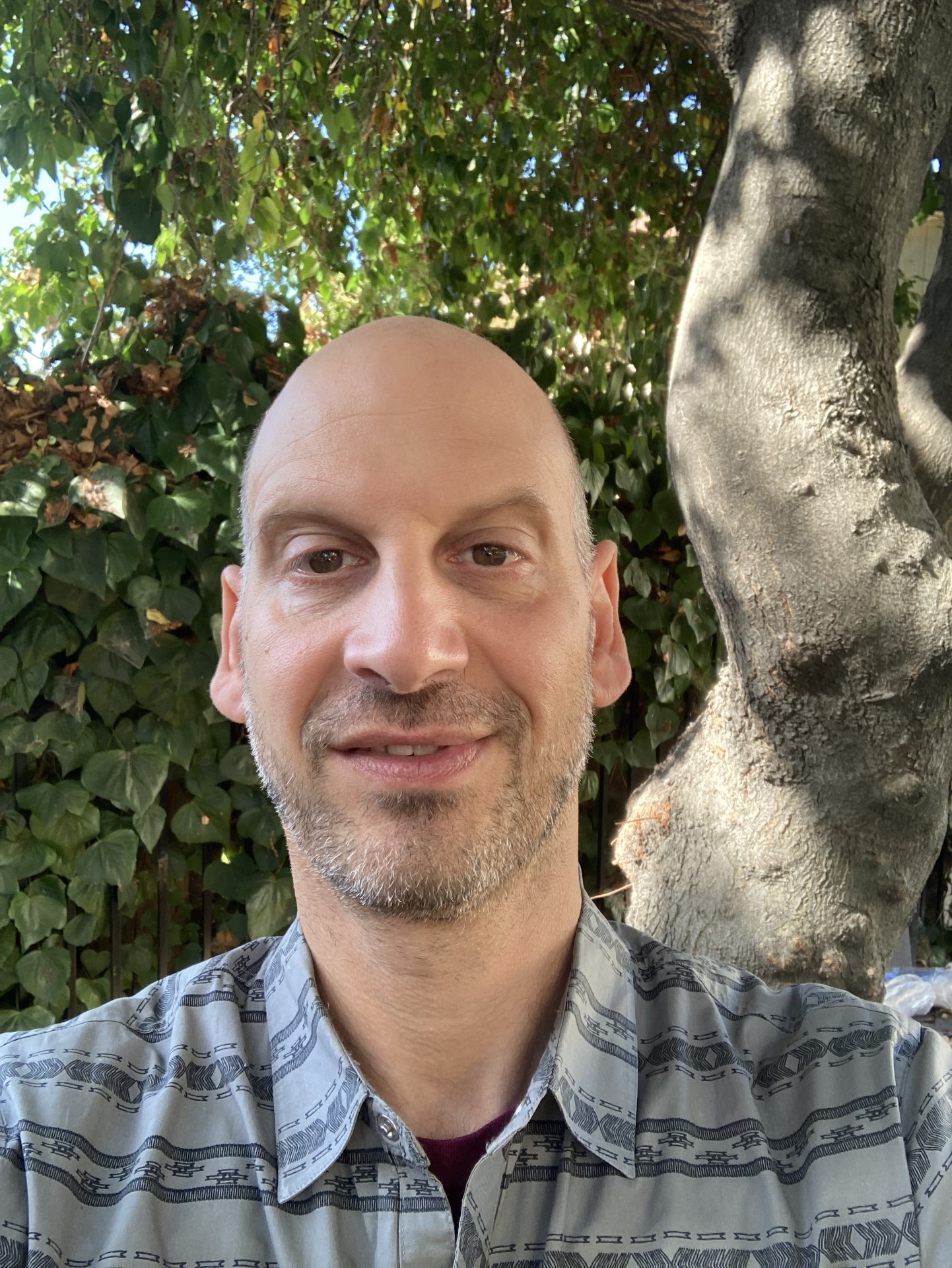 headshot of Joshua Alperin, a white bald man outdoors under a tree